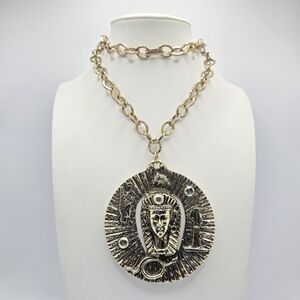 Egyptian Revival Pendant Necklace Goldtone Chunky Pharoah Statement Vintage